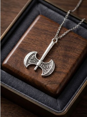 Meneva Aksesuar Çift Başlı Savaşçı Baltası Gümüş Renk Kolye