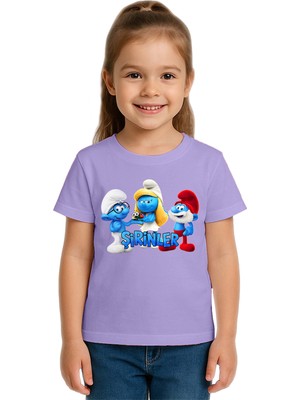 Sedirli Unisex Şirinler Baskılı Çocuk Tişört Pamuklu Penye Kumaş