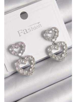 Pirinç Gümüş Renk Zirkon Taşlı Sallantı Kalp Model Kadın Küpe - TJ-BKP9765