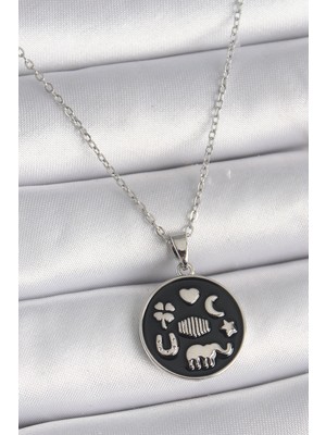 316L Çelik Gümüş Renk Siyah Renk Şans Kolyesi - TJ-BKO9546