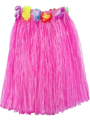 Yetişkin ve Çocuk Uyumlu Pembe Renk Püsküllü Hawaii Luau Hula Etek 40 cm