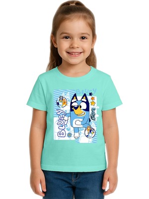 Sedirli Unisex Bluey Baskılı Çocuk Tişört Pamuklu Penye Kumaş