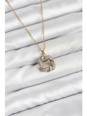 316L Çelik Zincir Gold Renk Zirkon Taşlı Sarmal Model Kadın Kolye - TJ-BKO10612