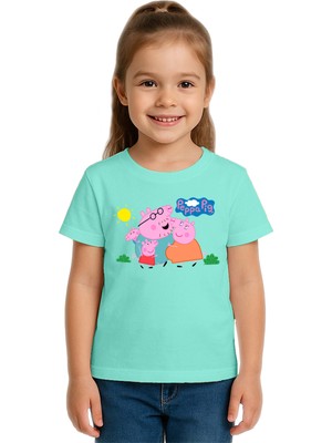Sedirli Unisex Peppa Pig Baskılı Çocuk Tişört Pamuklu Penye Kumaş