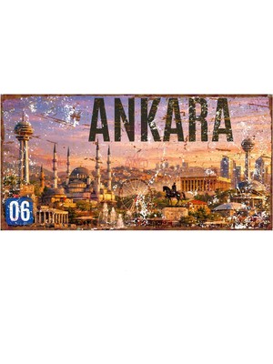 AYNED Print Ankara Şehir Silüeti ve Manzaralı Eskitme Tasarım Alüminyum Duvar Tabelası