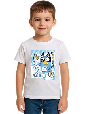 Sedirli Unisex Bluey Baskılı Çocuk Tişört Pamuklu Penye Kumaş