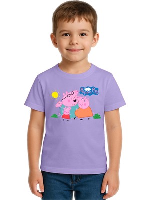 Sedirli Unisex Peppa Pig Baskılı Çocuk Tişört Pamuklu Penye Kumaş