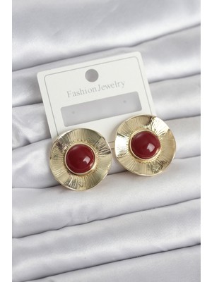 Vintage Model Bordo Gold Renk Pirinç Kadın Küpe - TJ-BKP11661