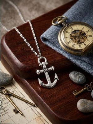 Meneva Aksesuar Antik Gümüş Renk Gemi Çapa Figürlü Kolye