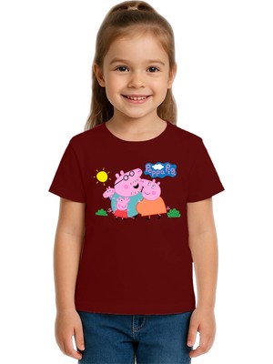 Sedirli Unisex Peppa Pig Baskılı Çocuk Tişört Pamuklu Penye Kumaş