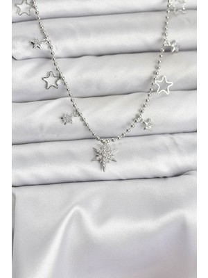 Pirinç Gümüş Renk Zirkon Taşlı Kutup Yıldızı Model Kadın Kolye - TJ-BKO10659