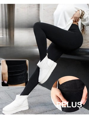 Tusebu Kadın Yüksek Bel Pelüş Astarlı Kışlık Termal Toparlayıcı Siyah Tayt