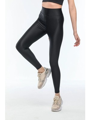 Tusebu Kadın Yüksek Bel Parlak Likralı Spor Tayt – Siyah