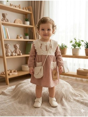 Vavbaby Dantel Yaka Detaylı Pamuklu Bebek Elbisesi ve Mini Omuz Çantası