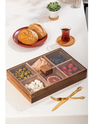 Akasya 6 Bölmeli Kapaklı Ahşap Bambu Sunum ve Saklama Kabı