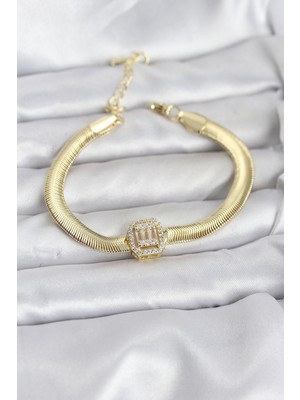 316L Çelik Gold Renk Baget Zirkon Taşlı Yılan Zincirli Kadın Bileklik - TJ-BB8154