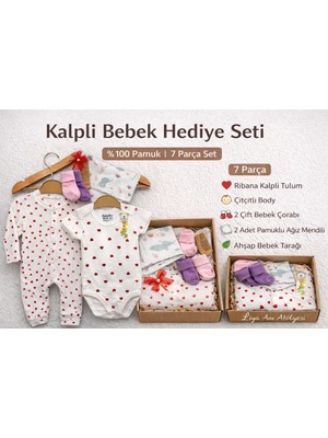 7 Parça Kalpli Bebek Hediye Seti %100 Pamuk – Ribana Tulum, Çıtçıtlı Body, 2'li Çorap, 2'liağız Mendili, Ahşap Bebek Tarağı