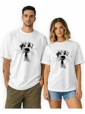 Kidilia Çizgisel Köpek Görselli Unisex Bisiklet Yaka Tasarım Tshirt - Beden: Mrenk: Beyaz