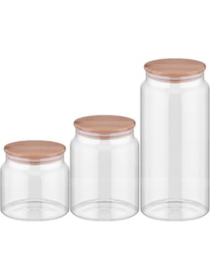 Bambu Kapaklı 3'lü Lüx Cam Kavanoz Seti, Erzak ve Baharat Saklama