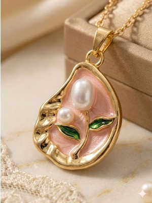 Meneva Aksesuar Vintage Zarif Inci Çiçeği Detaylı Çelik Kolye