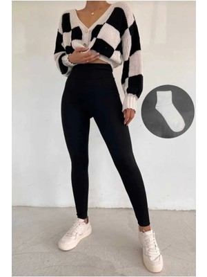 Hüma Collection Kadın Siyah Yüksek Bel Full Likrali Toparlayıcı Tayt -Çorap Hediyeli