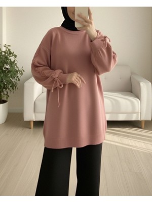 Modamorfo Yuvarlak Yaka Kolu Örgü Detaylı Triko Kazak -G.kurusu