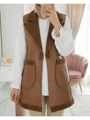 Modamorfo Içi Kuzu Peluş Çift Cepli Yelek   -Taba