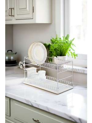 Paslanmaz Iki Katlı 50 cm Beyaz Tezgah Üstü Bulaşık Kurutmalık