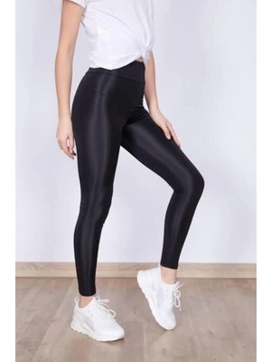 Kadın Siyah Yüksek Bel , Günlük ve Sporda Kullanım Iç Göstermez Toparlayıcı Parlak Disco Tayt