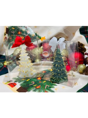 Yılbaşı Hediyesi Çam Ağacı Dekoratif 2'li Şeffaf Çantada Hediyelik Mum Yeşil Beyaz