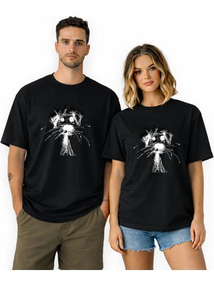 Kidilia Çizgisel Köpek Görselli Unisex Bisiklet Yaka Tasarım Tshirt - Beden: Srenk: Siyah
