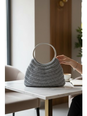 Simli Makrome | El Örgüsü | Gümüş Metal Saplı | Küçük Boy | Özel Tasarım El Çantası | Gri