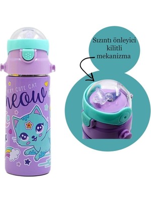 Şık Kedi Desenli Çelik Matara 550ML, Pratik ve Dayanıklı Tasarım