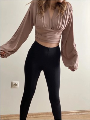 Kadın Siyah Yüksek Bel, Günlük ve Sporda Kullanım Iç Göstermez Toparlayıcı Parlak Disco Tayt