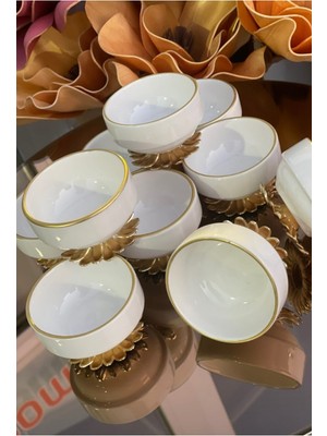 6'lı Porselen Metal Ayaklı Yaldızlı Kahve Yanı Lokumluk ve Sosluk Seti