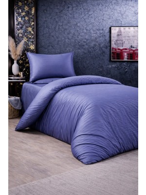 Vionetta Pamuk Saten Otel Serisi Tek Kişilik Nevresim Takımı İndigo Çizgili Lastikli Çarşaflı