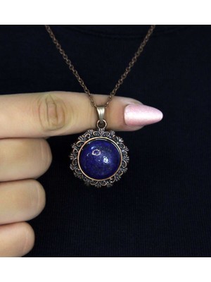 Esha Store Doğal Taş Lapis Doğal Taşlı Desenli Otantik Kadın Kolye 45 cm Zincirli EUK28LPS2