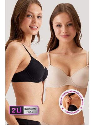 Tusebu 2’li Pamuklu Destekli Sütyen Siyah + Ten Tak-Çıkar Askılı Ekonomik Paket