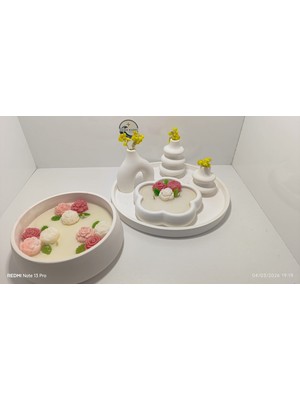 Deniz Kuzey Design 6 Parça Dekoratif Set - Karamel Latte Kokulu Gül Mum ve Taş Tozu Sunum Takımı