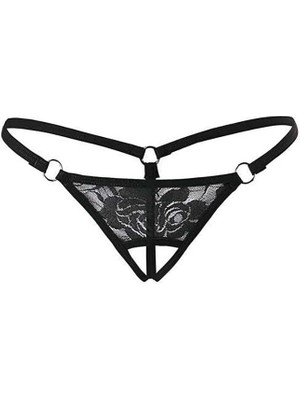 Siyah Dantelli Özel Bölgesi Açık G-String TM1167