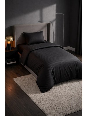 Vionetta Pamuk Saten Otel Serisi Tek Kişilik Nevresim Takımı Siyah Çizgili Lastikli Çarşaflı