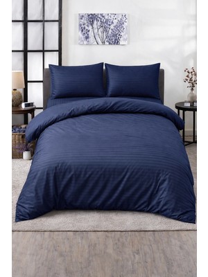 Vionetta Pamuk Saten Lacivert Çizgili Otel Serisi Lastikli Çarşaflı Çift Kişilik Nevresim Takımı