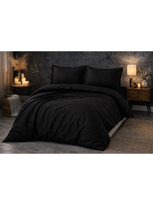 Vionetta Pamuk Saten Siyah Çizgili Otel Serisi Lastikli Çarşaflı Çift Kişilik Nevresim Takımı