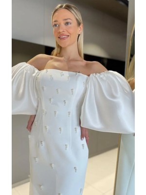 Organza Butik Taşlı Incili Balon Kol Elbise