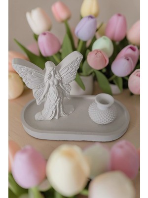 Doğal El Yapımı Dekoratif Melek Figürlü Tepsi ve Mini Vazo Seti - Mat Beyaz