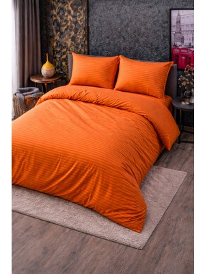 Vionetta Pamuk Saten Turuncu Çizgili Otel Serisi  Lastikli Çarşaflı Çift Kişilik Nevresim Takımı