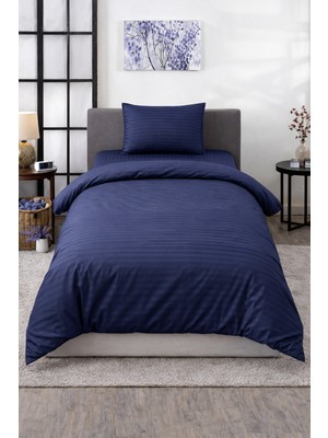 Vionetta Pamuk Saten Otel Serisi Tek Kişilik Nevresim Takımı Lacivert Çizgili Lastikli Çarşaflı