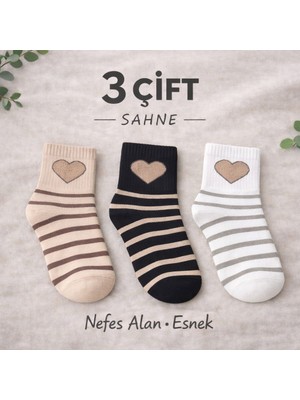 Güçlü Çorap 3 Lü Kalp Desenli Çizgili Bilek Üstü Kadın Çorap Nefes Alan Günlük Esnek ( Pamuklu)