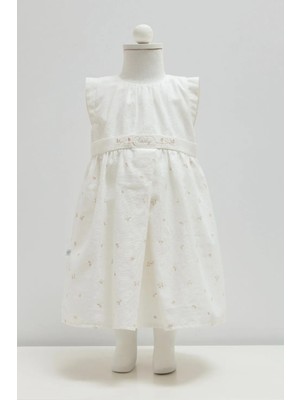 Caramell Mını Lady Çiçek Detaylı Keten Elbise - Ekru - 62-68 cm Ekru