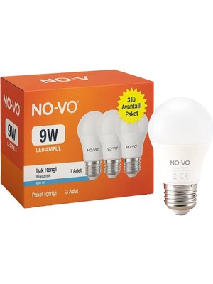 No-Vo 3lü Avantaj Paket 9W Beyaz LED Ampul E27 806LM 6500K 15.000 Saat Ömür